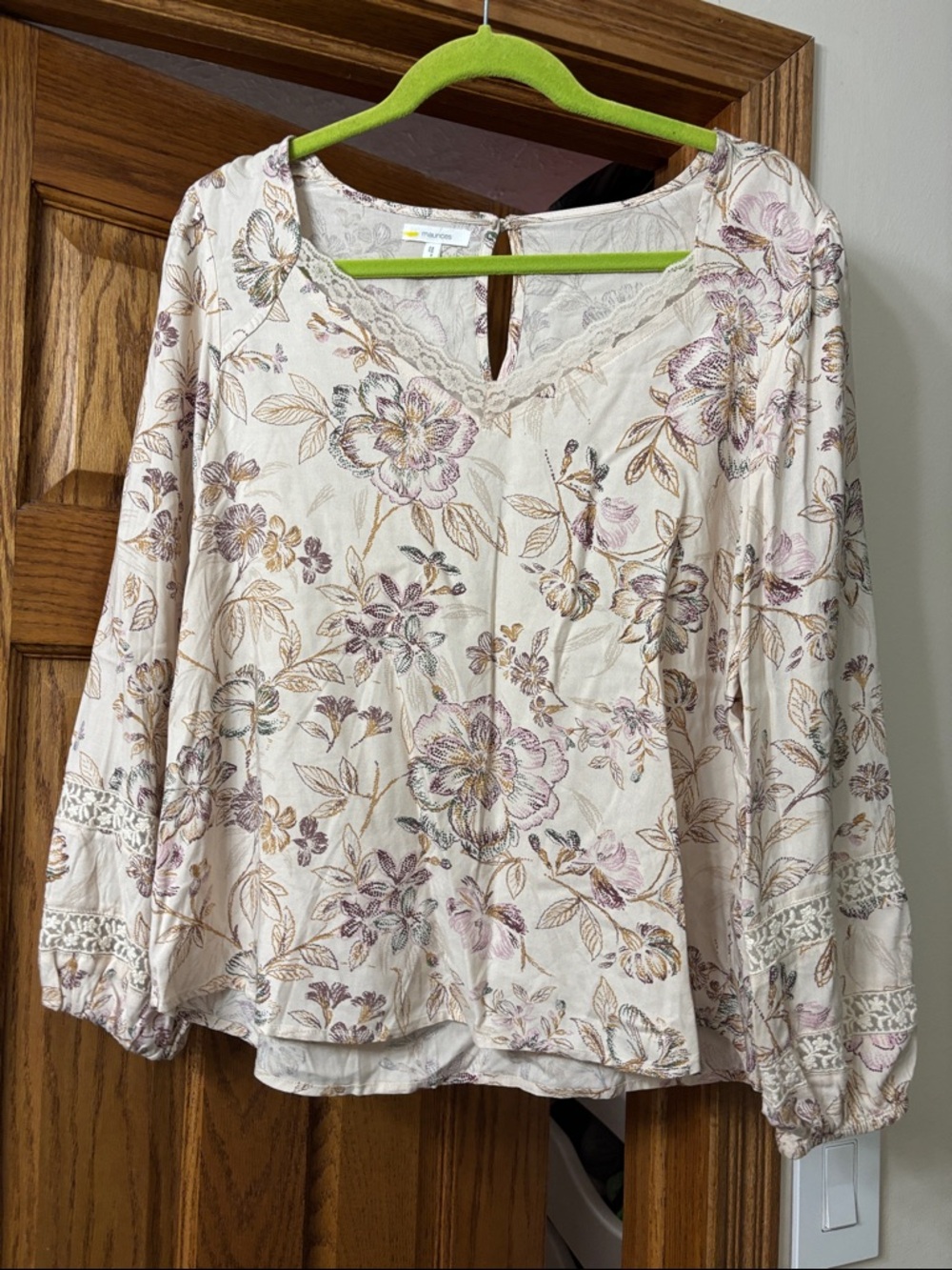Maurices Cream Floral Lace-Trim Peasant Blouse